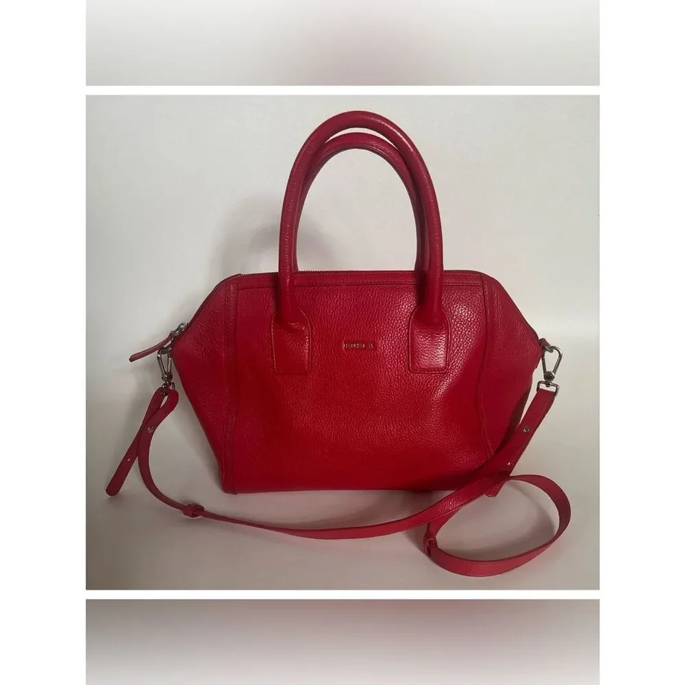 Furla Alice Pebbled Leather Satchel Handbag ~Removable Crossbody Strap in Red